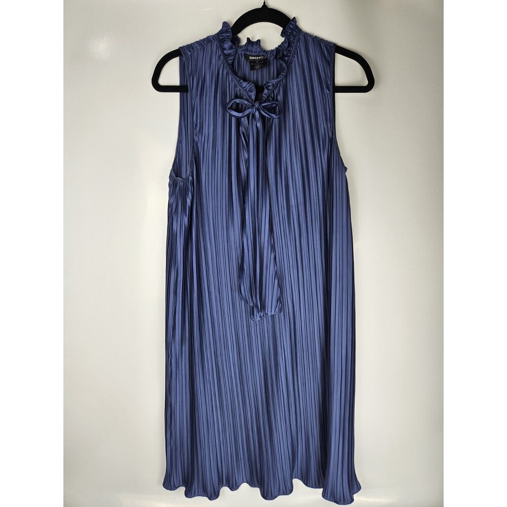 DKNY Sheath Sleeveless Dress Size 12, Tie Keyhole V Neckline, Ruffled Neck & Hem